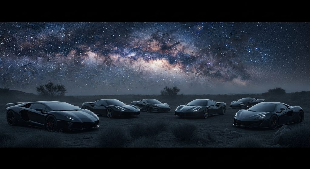 Laptop Wallpaper Aesthetic HD 1920x1080 Dark Cars for Desktop 11 Panoramic view of multiple black sports cars under a starry night sky in cinematic HD quality. ✅