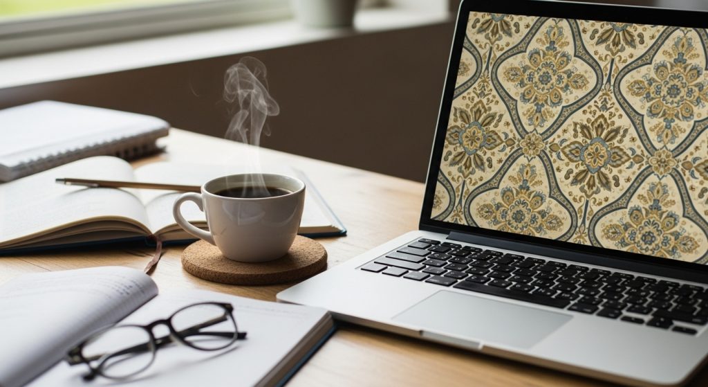 Laptop Wallpaper HD 1080p Aesthetic Vintage Dark Academia Timeless Backgrounds 8 “Student’s desk setup with coffee cup, journals, and a laptop screen displaying a vintage dark academia wallpaper.”