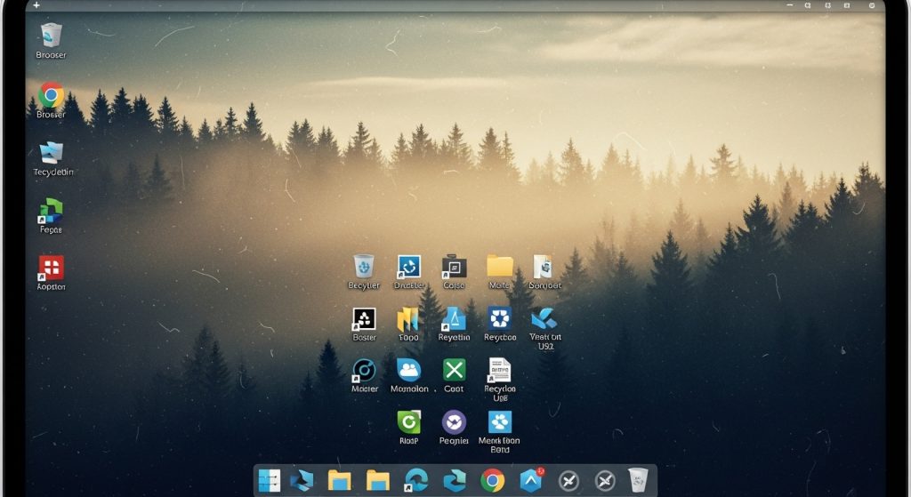 Laptop Wallpaper HD 1080p Aesthetic Vintage Dark Academia Timeless Backgrounds 10 “Laptop wallpaper mockup with desktop icons neatly arranged on a moody, vintage-inspired dark academia background.”