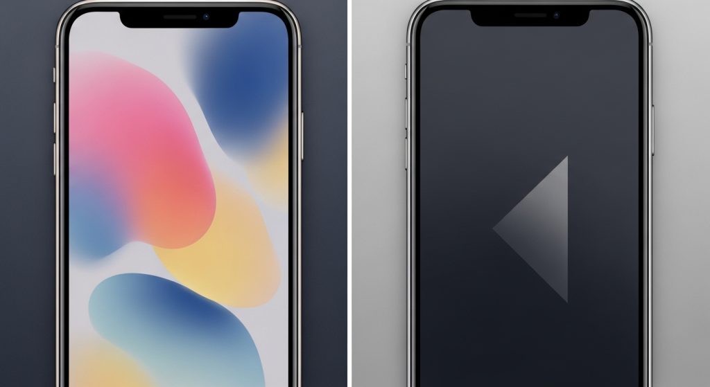 Aesthetic Wallpaper Backgrounds for iPhone HD & Minimal Styles 11 Split image of two iPhones side by side, one displaying a pastel wallpaper and the other a dark minimalist wallpaper.