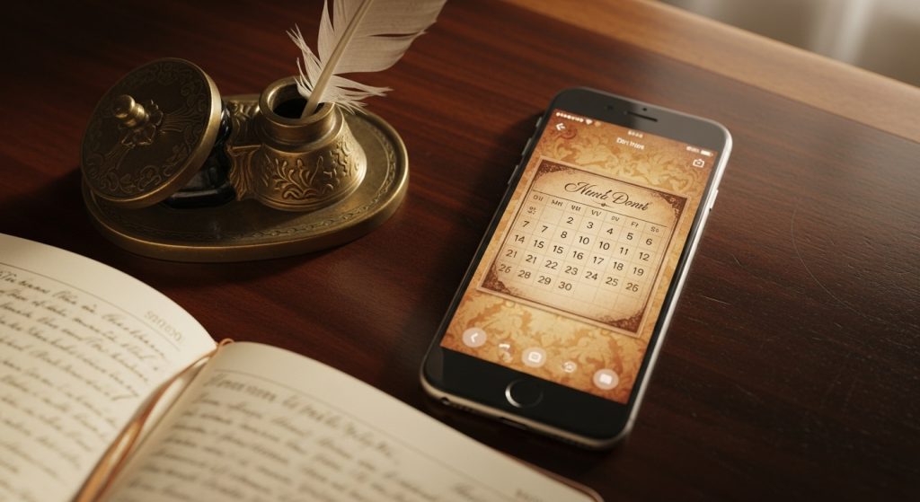 Aesthetic Vintage Brown iPhone Wallpaper 2025: A Cozy Retro Touch 11 iPhone displaying brown vintage wallpaper with a sepia calendar widget, styled to evoke a warm, antique desk setup.