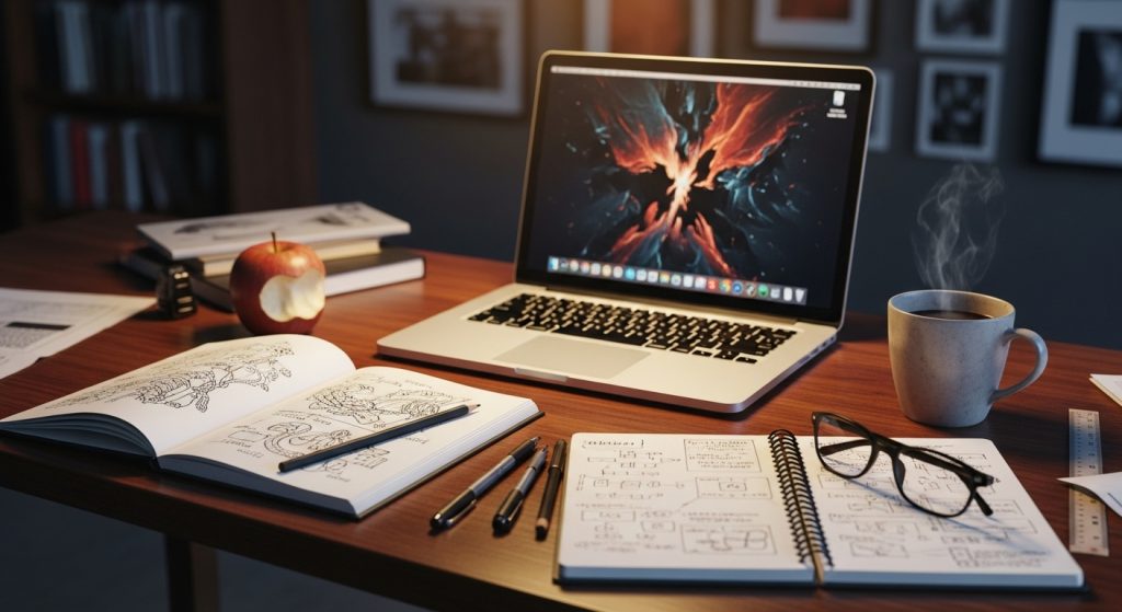 Desktop Wallpaper HD 1080p Laptop Aesthetic Dark Art Stunning Backgrounds 6 A designer’s desk with a softly glowing laptop screen displaying a dark artistic wallpaper, surrounded by creative tools, sketches, and workspace essentials.