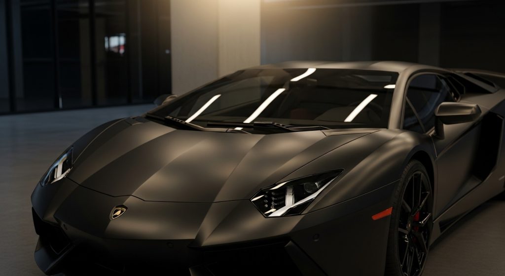 Laptop Wallpaper Aesthetic High Quality Desktop HD 1920x1080 Dark Cars 3 Close-up matte black supercar in a dark garage, HD laptop wallpaper aesthetic with soft glowing reflections.