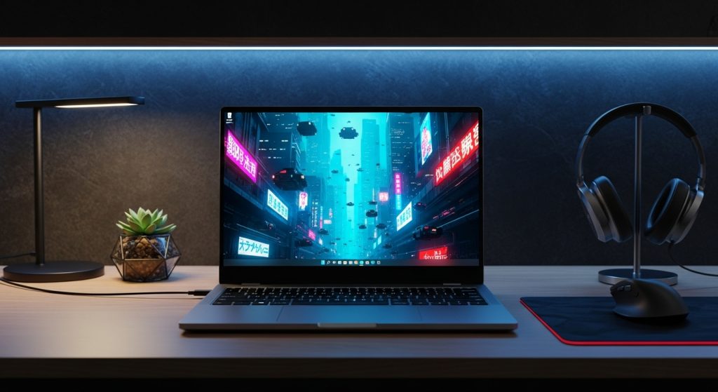 Dark Aesthetic Wallpaper for Laptop: Stylish Backgrounds to Elevate Your Screen 10 A stylish modern desk setup with a glowing laptop displaying a futuristic dark aesthetic wallpaper for laptop, creating a sleek workspace vibe.