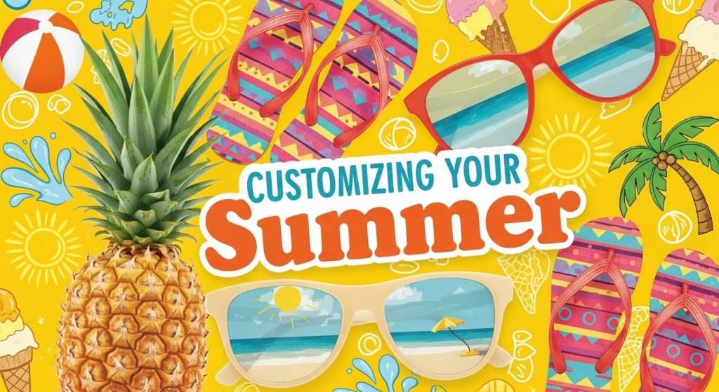 Summer Wallpapers for a Vibrant Vibe 2025 6 Eye-catching summer collage featuring pineapples, sunglasses, flip-flops, and playful doodles on a bright yellow background with bold, vibrant colors for a fun, energetic vibe.