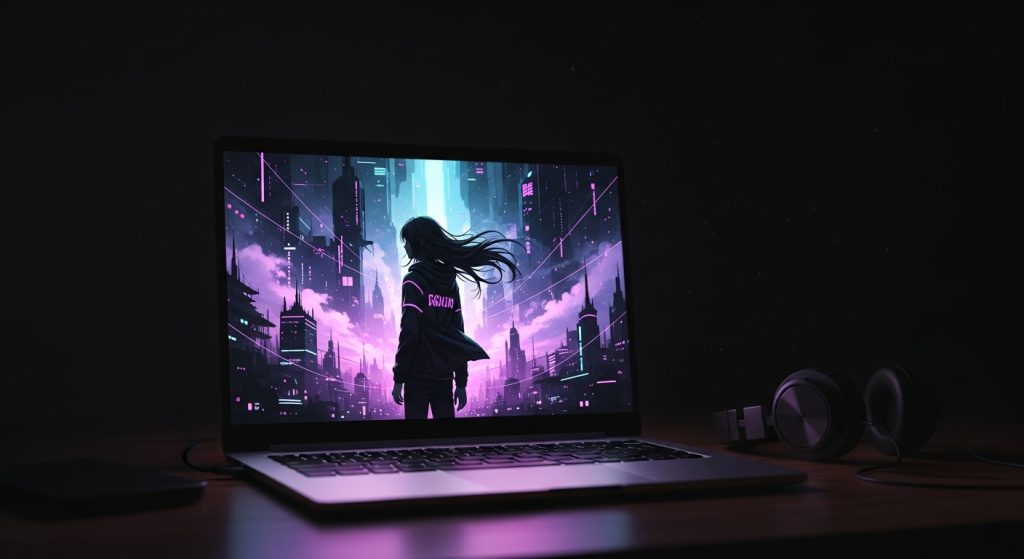 Top 20 Dark Aesthetic Anime Wallpapers in HD 1080p for Laptops 2 “Laptop screen displaying Dark Aesthetic Anime Wallpapers with gothic anime theme.”