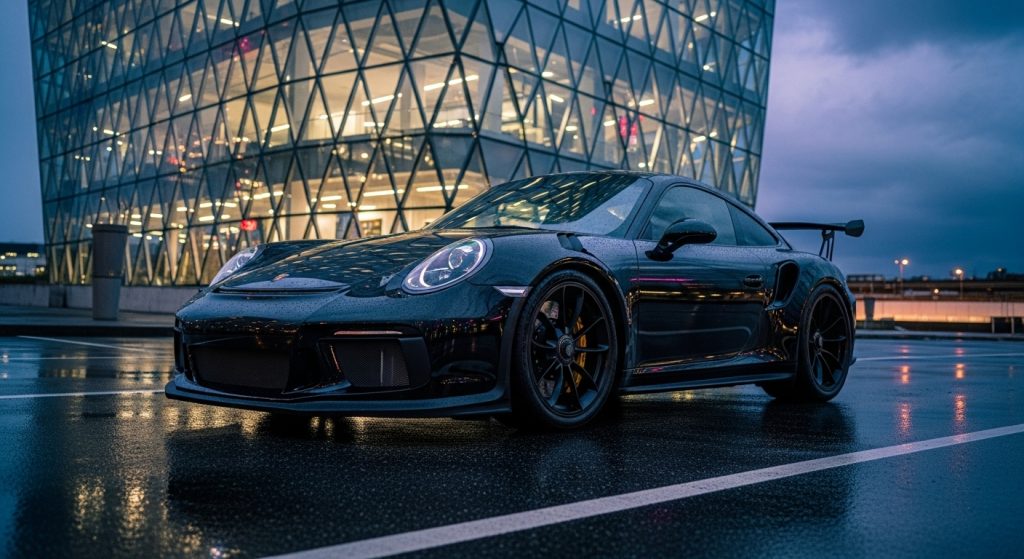Laptop Wallpaper Aesthetic HD 1920x1080 Dark Cars for Desktop 4 Glossy black Porsche parked beside a futuristic glass building, captured in high-definition 1920x1080, sleek dark aesthetic car wallpaper.