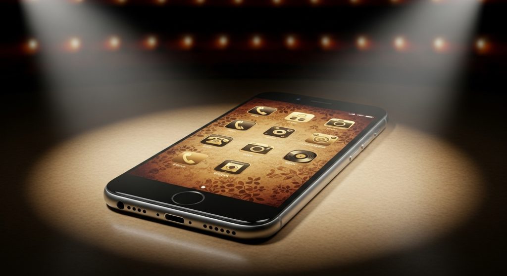Aesthetic Vintage Brown iPhone Wallpaper 2025: A Cozy Retro Touch 14 iPhone displaying brown vintage wallpaper with gold retro icons, glowing under soft spotlights for a dramatic, theatrical effect.