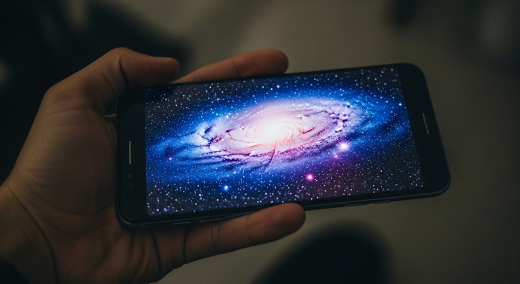 Transform Your Screen with Dark Aesthetic Wallpaper Vibes 7 "Hand holding a smartphone with a vibrant galaxy wallpaper glowing against a dark background.