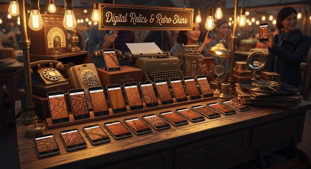 Aesthetic Vintage Brown iPhone Wallpaper 2025: A Cozy Retro Touch 16 Craft a beautiful, lively image of a digital vintage market stall, showcasing brown leather wallpaper thumbnails on iPhones under warm lights.