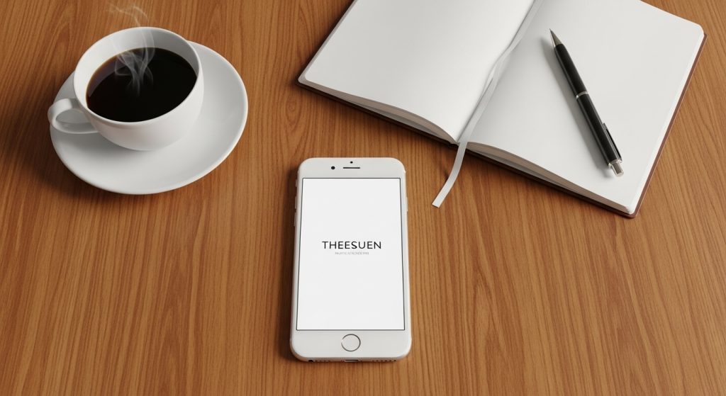 Aesthetic Wallpaper Background iPhone White Minimal & Elegant HD Designs 3 "Flat lay of iPhone showing minimal white wallpaper background, placed next to coffee cup and notebook on a wooden desk."