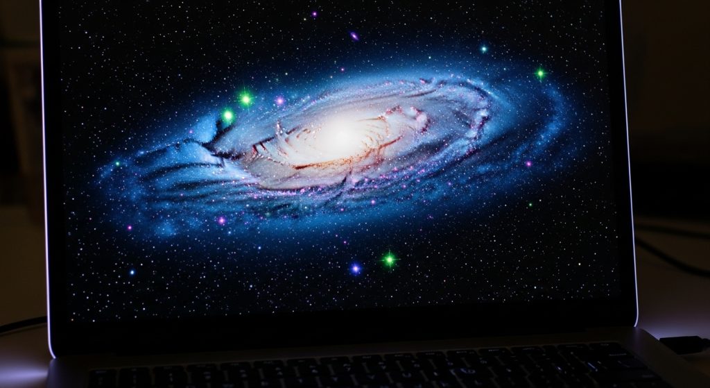Dark Aesthetic Wallpaper for Laptop: Stylish Backgrounds to Elevate Your Screen 4 Close-up of a laptop screen glowing with a dark aesthetic wallpaper for laptop, featuring a galaxy design against a dim background.