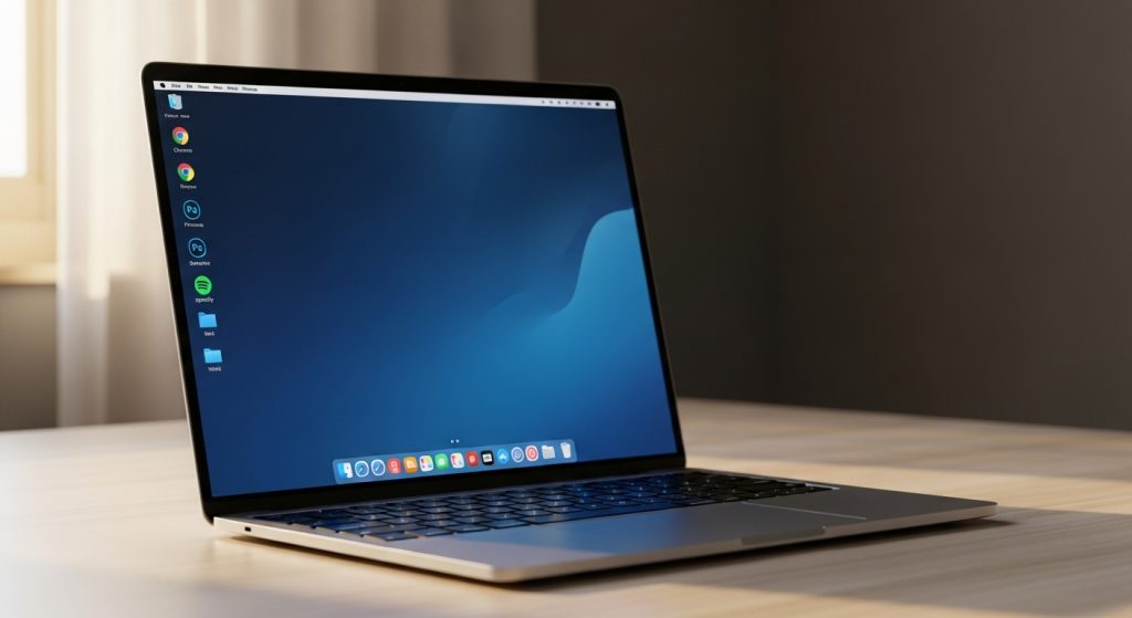 Laptop Wallpaper HD 1080p Aesthetic Dark Blue HD 12 “Laptop with dark blue gradient wallpaper and clean desktop icons neatly organized.”