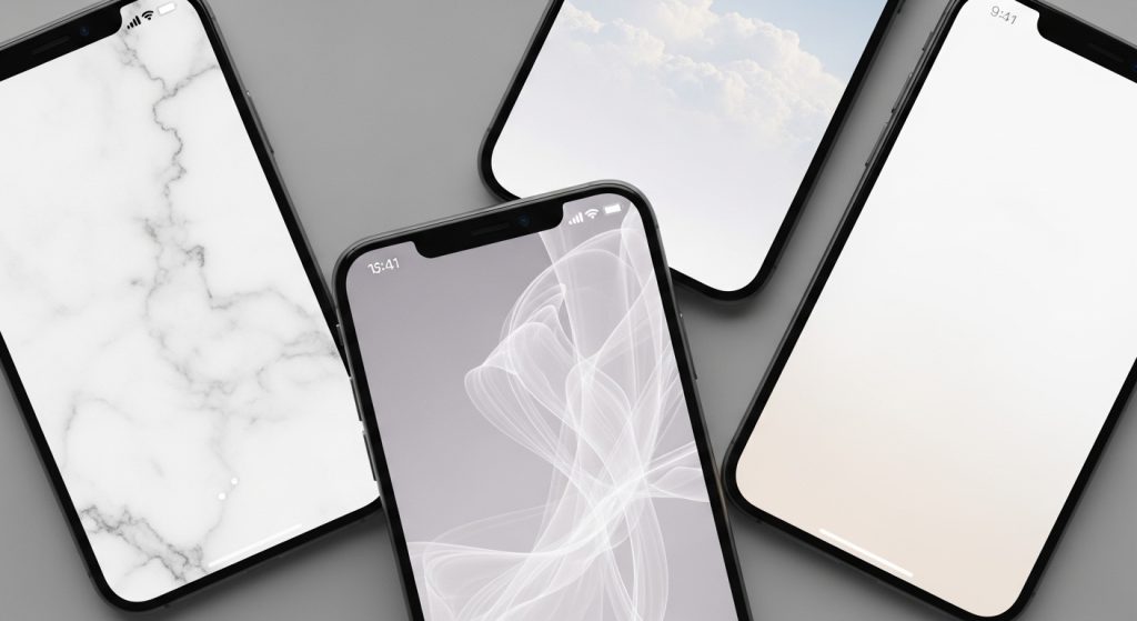 Aesthetic Wallpaper Background iPhone White Minimal & Elegant HD Designs 10 Collage of iPhone screens showing different white wallpaper themes: marble, clouds, abstract light, and gradient styles."