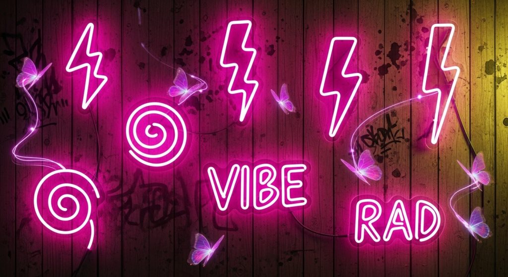 Vintage 90s Retro Brown & Pink iPhone Wallpaper Aesthetic 6 Glowing pink neon signs on brown textured backdrops with grunge details and butterflies, enhanced by dynamic lighting for an authentic 90s vibe.