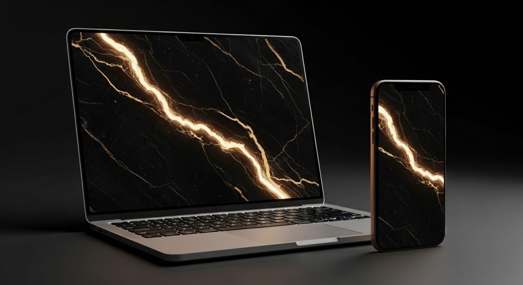 Timeless Beauty in Black: Aesthetic Wallpaper Ideas 8 "Mockup of laptop and phone with matching black marble wallpapers featuring gold details and glowing edges, shown in sharp high-resolution for a cohesive, modern vibe.