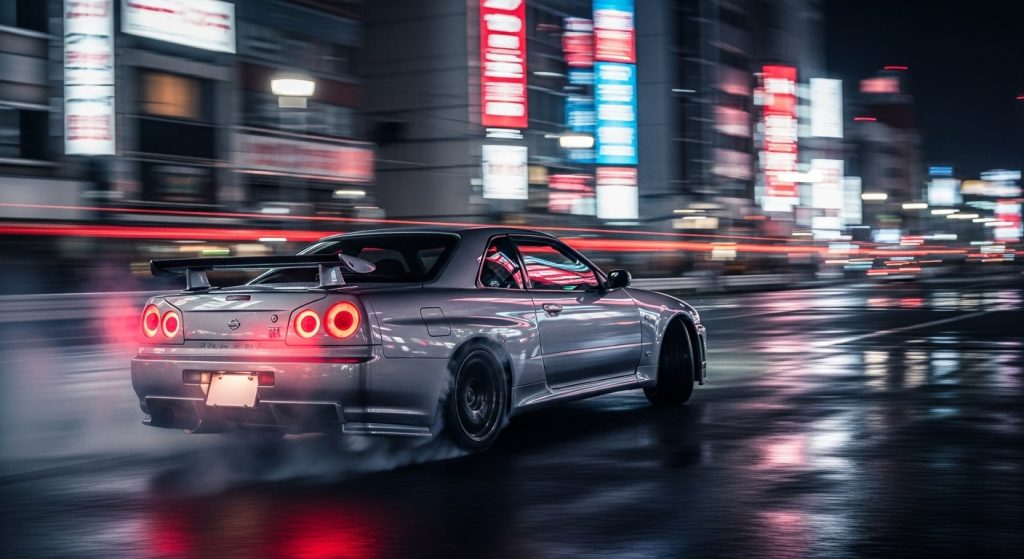 Laptop Wallpaper Aesthetic HD 1920x1080 Dark Cars for Desktop 10 Drifting Nissan Skyline on Tokyo streets at night with smoke trails and neon reflections. ✅