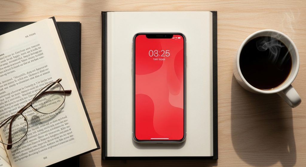 Aesthetic Wallpaper Background iPhone Red Bold & Stylish HD Designs 3 Flat lay of an iPhone with a stylish red aesthetic wallpaper on the lock screen, placed beside books and a coffee cup for a cozy setup.