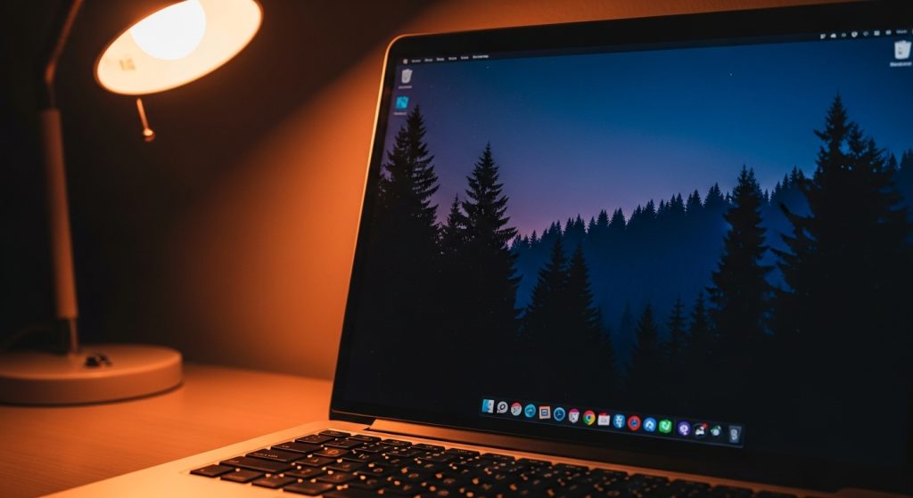 Laptop Wallpaper HD 1080p Aesthetic Dark Simple 9 Laptop screen showing a minimalist dark wallpaper, artistic background photography with warm desk lighting.