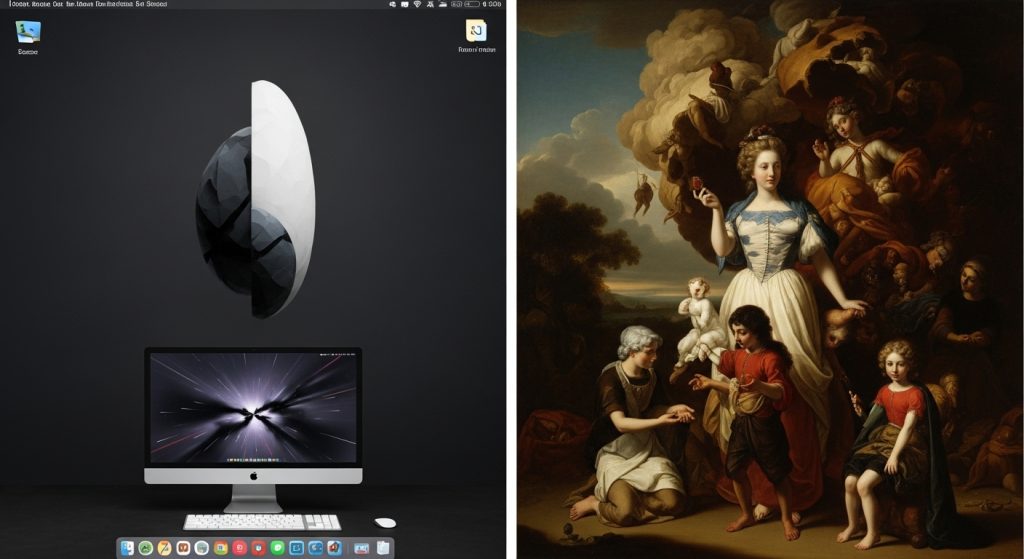 Desktop Wallpaper HD 1080p Laptop Aesthetic Dark Art Stunning Backgrounds 8 Two desktop monitors placed side by side: the left screen shows a minimalist dark abstract wallpaper, while the right screen displays a dramatic surreal digital painting.