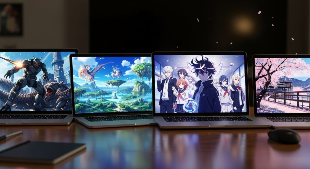 Top 20 Dark Aesthetic Anime Wallpapers in HD 1080p for Laptops 7 “Laptop displaying Dark Aesthetic Anime Wallpapers of a gothic anime courtyard with ivy arches.”
