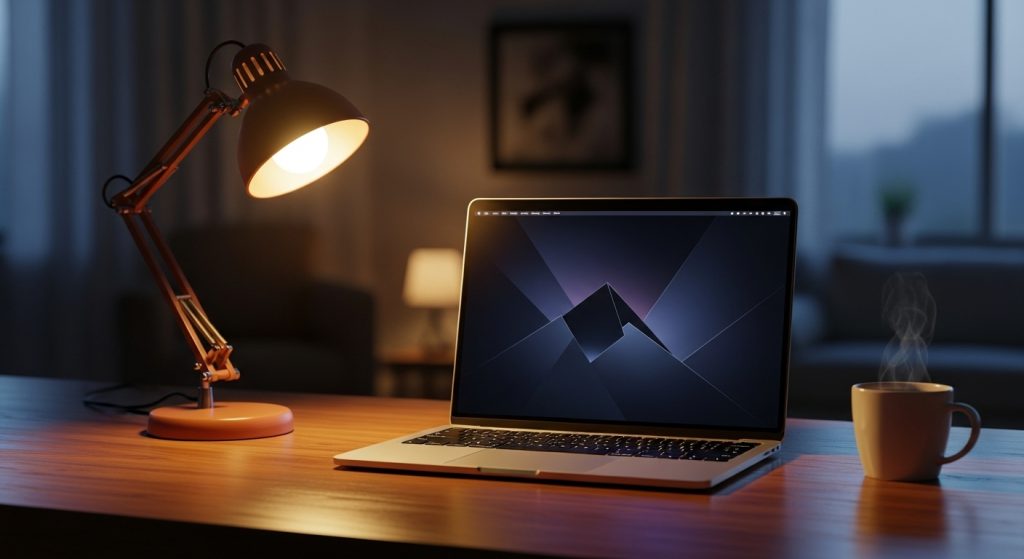 Dark Aesthetic Wallpaper for Laptop: Stylish Backgrounds to Elevate Your Screen 2 A laptop on a wooden desk at night, glowing with a sleek dark aesthetic wallpaper for laptop, beside a warm lamp and a coffee mug creating a cozy workspace vibe.