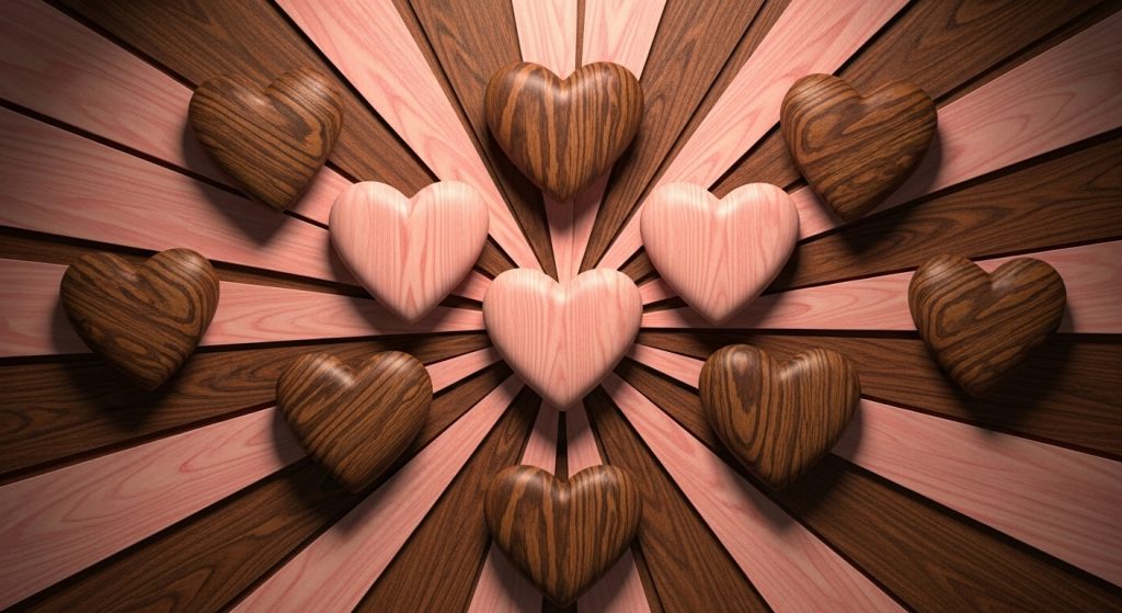 Vintage 90s Retro Brown & Pink iPhone Wallpaper Aesthetic 5 Brown and pink heart shapes with contrasting wood textures arranged in a glowing sun ray pattern, softened by gentle shadows for a harmonious wallpaper design.