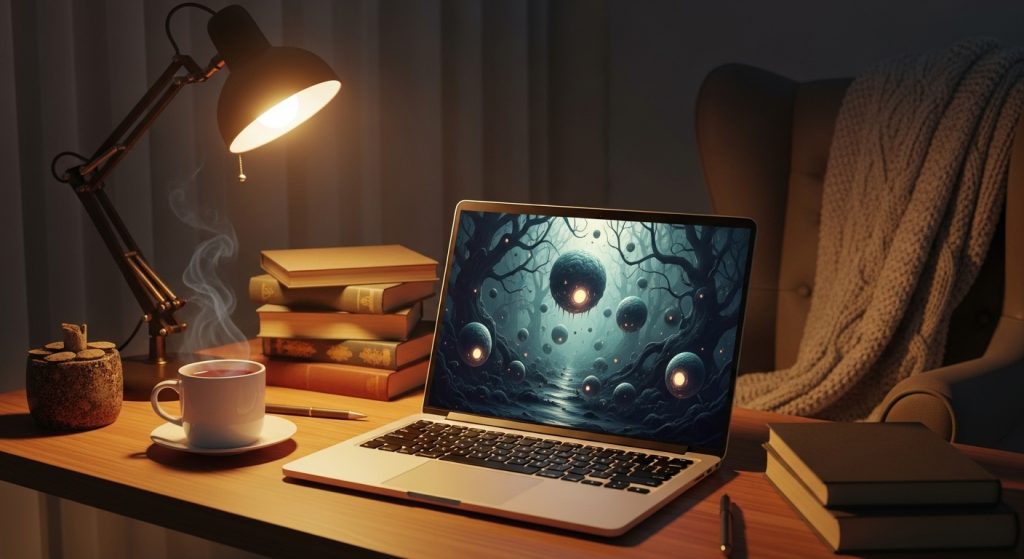 Desktop Wallpaper HD 1080p Laptop Aesthetic Dark Art Stunning Backgrounds 5 A cozy study setup with a laptop open on a desk, displaying a moody surreal wallpaper featuring glowing orbs and soft shadows, enhanced by a warm and inviting atmosphere.