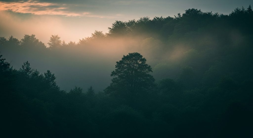 Aesthetic Dark Green Laptop Wallpaper HD 1080p 2 HD 1080p laptop wallpaper of a misty dark green forest at twilight with soft glowing light, cinematic minimalist aesthetic in 2:3 landscape.