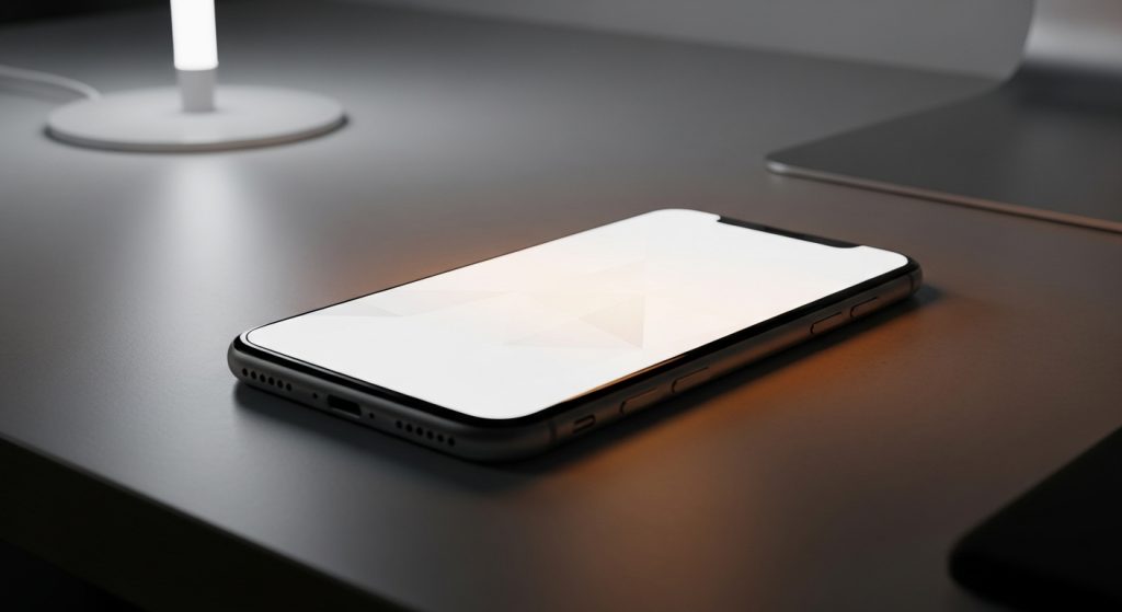 Aesthetic Wallpaper Background iPhone White Minimal & Elegant HD Designs 2 "Elegant iPhone mockup on a desk, glowing screen with pure white minimal aesthetic wallpaper background, modern soft lighting."