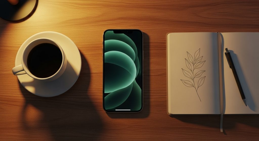 Aesthetic Wallpaper Backgrounds for iPhone HD & Minimal Styles 2 Flat lay of an iPhone on a wooden desk with dark green aesthetic wallpaper on screen, coffee cup and notebook beside it in warm cozy lighting