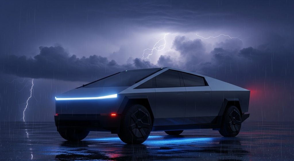 Laptop Wallpaper Aesthetic HD 1920x1080 Dark Cars for Desktop 7 Tesla Cybertruck in a dark mode aesthetic with glowing lights set against a dramatic stormy sky. ✅