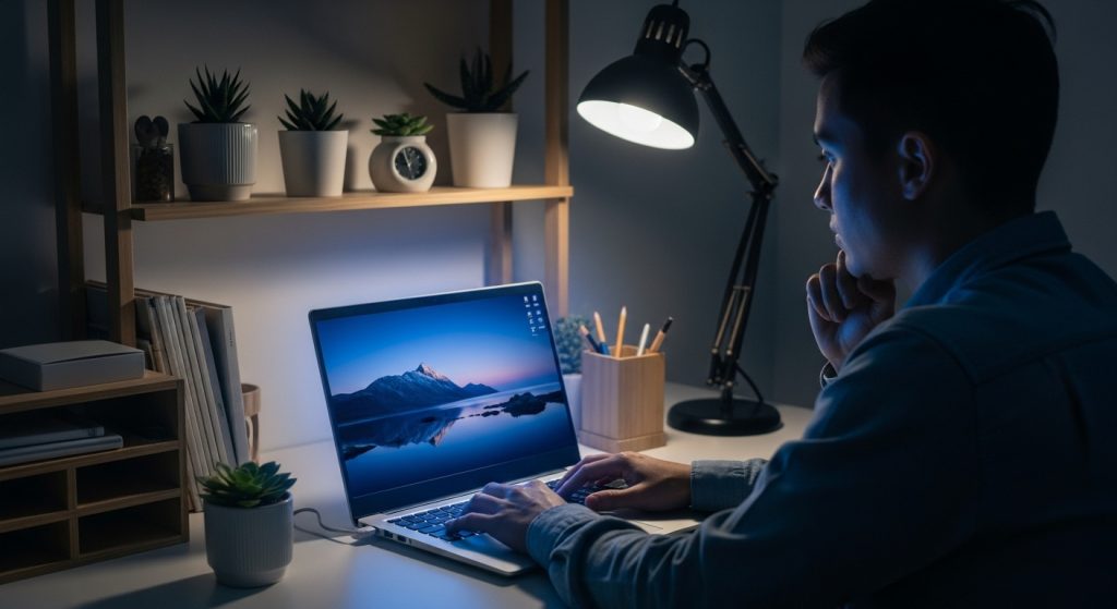 Laptop Wallpaper HD 1080p Aesthetic Dark Blue HD 13 “Person working at desk with laptop glowing in dark blue HD wallpaper, surrounded by calm aesthetic workspace.” ✨