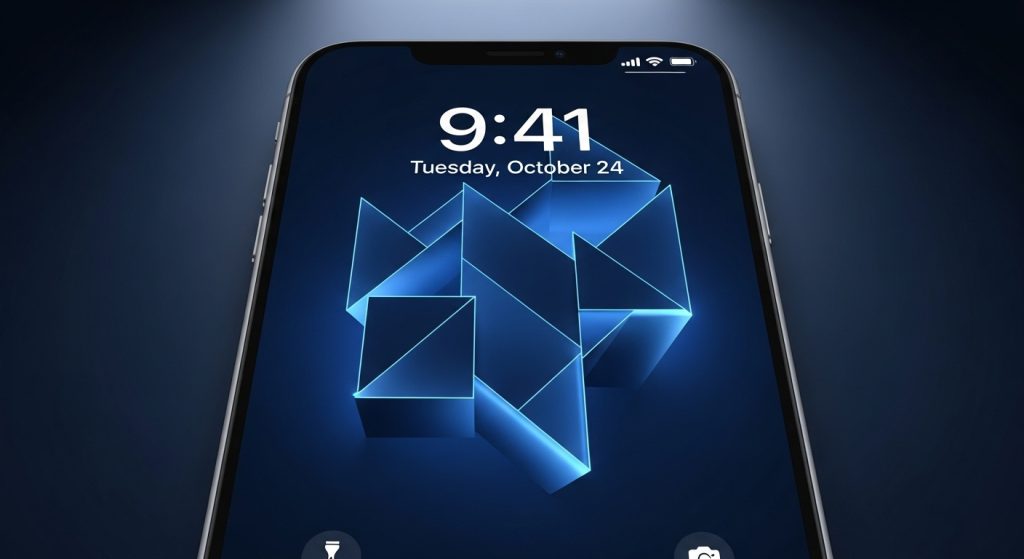 Aesthetic Wallpaper Backgrounds for iPhone HD & Minimal Styles 9 iPhone lock screen with dark blue geometric abstract wallpaper glowing under modern studio lighting.
