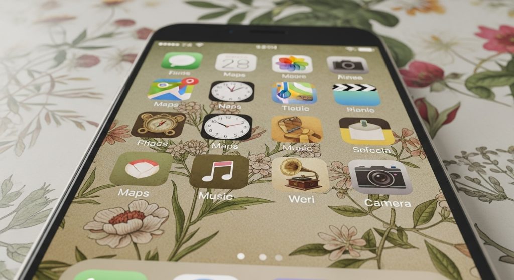 Aesthetic Vintage iPhone Wallpaper: A Timeless Journey for Your Screen 16 Craft a stunning, optimized image of an iPhone home screen with coordinated vintage wallpaper and icons, in balanced light and shadow for perfect visibility.