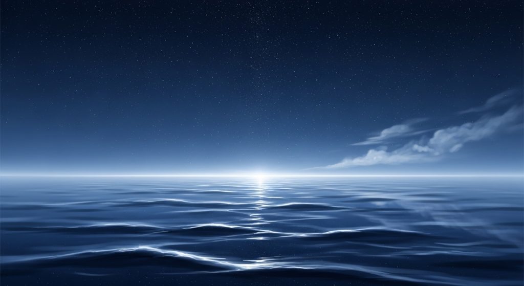 Calm & Cool: Blue Aesthetic Wallpapers for Every Mood 2 Create a stunning digital illustration of a tranquil sapphire sea at twilight with soft waves reflecting starry skies, eye-catching in deep blues and subtle silvers for a peaceful, immersive atmosphere.