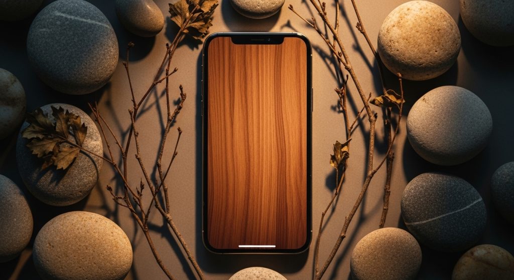 Aesthetic Vintage Brown iPhone Wallpaper 2025: A Cozy Retro Touch 7 Calming iPhone with brown woodgrain wallpaper, surrounded by natural twigs and smooth stones, bathed in soft, warm light for a soulful atmosphere.