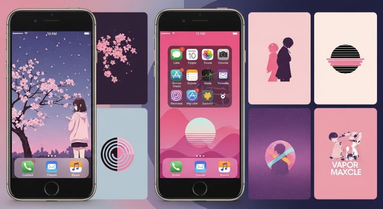 iPhone screen glowing with vibrant anime wallpaper background featuring colorful characters and dreamy scenery in high-definition.”