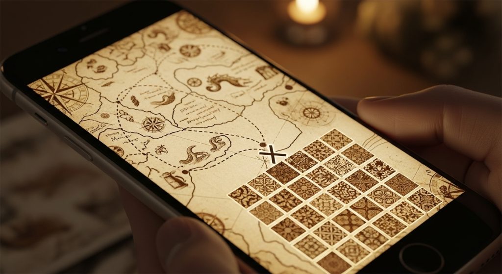 Aesthetic Vintage Brown iPhone Wallpaper 2025: A Cozy Retro Touch 9 Illustrate a beautiful, exploratory image of a digital treasure map leading to brown vintage wallpaper thumbnails on an iPhone, glowing in earthy tones.