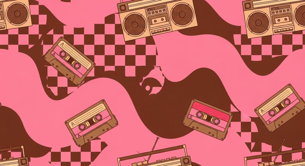 Vintage 90s Retro Brown & Pink iPhone Wallpaper Aesthetic 7 : Pink and brown checkered and wavy patterns featuring cassette tapes and boomboxes, forming a vibrant retro-style design with bold visual appeal.