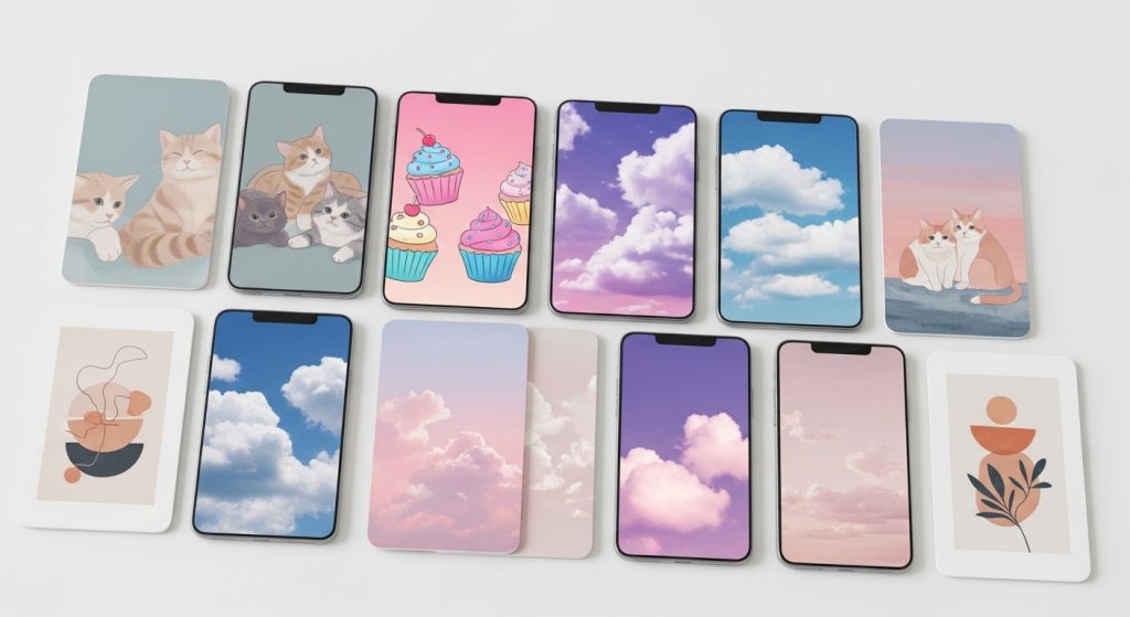 Top Cute Aesthetic Wallpapers for iPhone Backgrounds 4 Pinterest-style board filled with different iPhone wallpapers: pastel cats, cartoon cupcakes, clouds, and minimal art – modern flat lay.