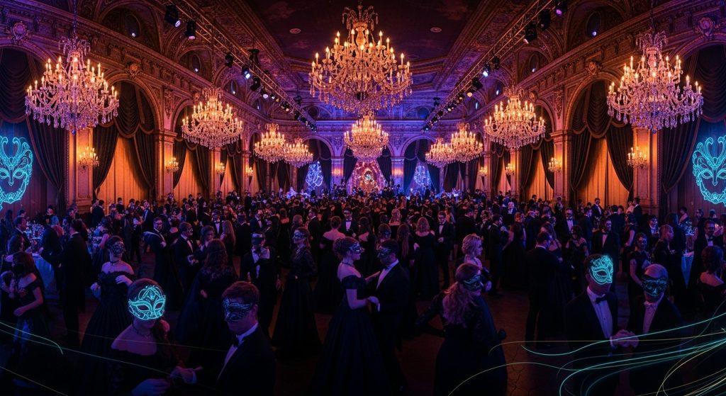 Timeless Beauty in Black: Aesthetic Wallpaper Ideas 11 "Panoramic view of a black masquerade ball in a grand hall with glowing chandeliers, silhouetted figures, and vivid nocturnal colors creating a magical, celebratory atmosphere
