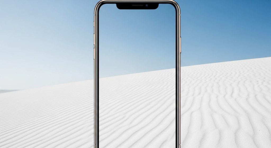Top Aesthetic Wallpaper Backgrounds for Beach iPhone – HD & Minimal Designs 10 iPhone screen with elegant wallpaper of white sand beach and clear sky.