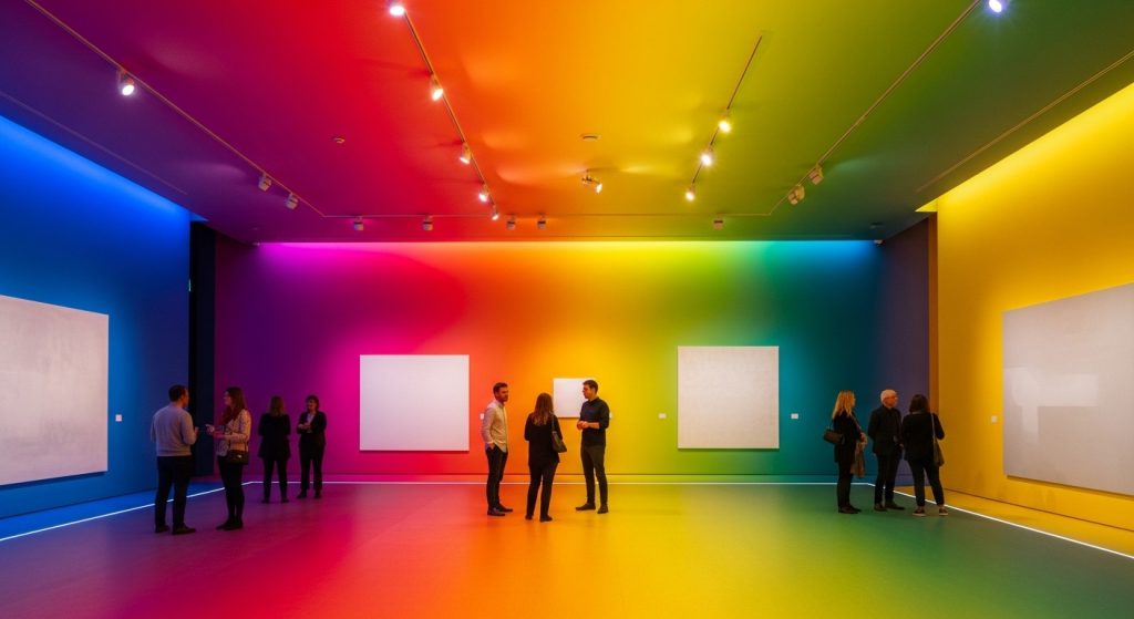Top Aesthetic iPad Wallpapers for a Minimal & Stylish Look 11 Panoramic view of a minimal art exhibit with neutral canvases and soft lights, people thoughtfully observing, in vivid gallery colors with glowing accents for a celebratory, magical conclusion.