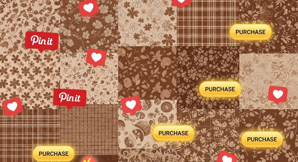 Vintage 90s Retro Brown iPhone 90s Aesthetic Wallpaper Designs 10 Collage of brown 90s wallpapers shown on Pinterest and Etsy, featuring interactive pins, hearts, and glowing purchase buttons for a nostalgic shopping vibe.