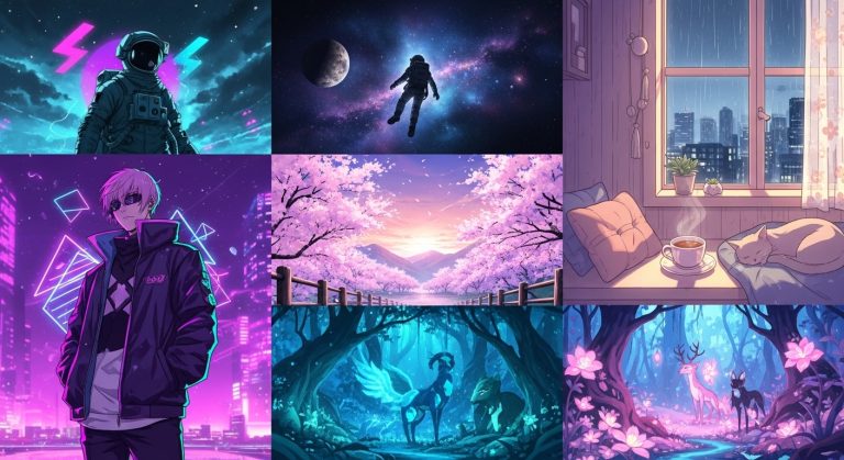 Collection of aesthetic anime wallpaper ideas displayed on phone, tablet, and PC screens, featuring minimalist, cute, dark, and seasonal designs for personalization.