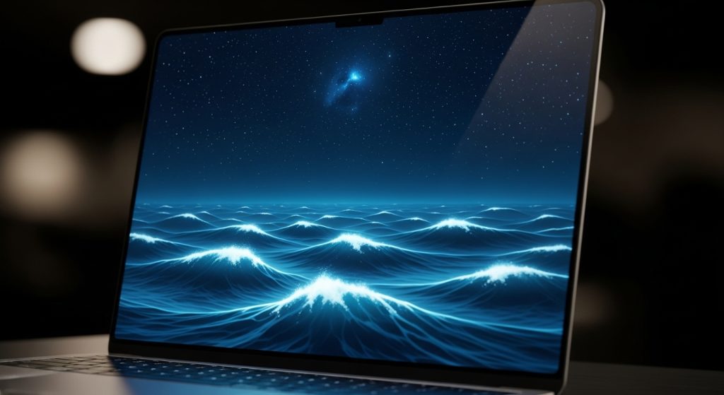 Laptop Wallpaper HD 1080p Aesthetic Dark Blue HD 2 “High-resolution laptop screen showing glowing dark blue wallpaper with ocean waves under a starry sky in a minimal cinematic style.”