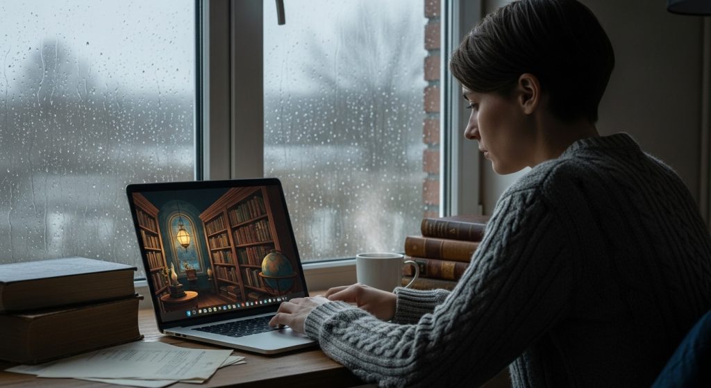 Laptop Wallpaper HD 1080p Aesthetic Vintage Dark Academia Timeless Backgrounds 13 “Writer sitting by a rainy window, typing on a laptop displaying a vintage dark academia wallpaper.”