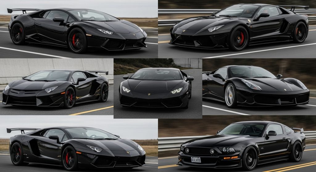 Laptop Wallpaper Aesthetic HD 1920x1080 Dark Cars for Desktop 8 Digital collage of Lamborghini, Ferrari, and Mustang in aesthetic black tones, HD dark sports car wallpaper style. ✅