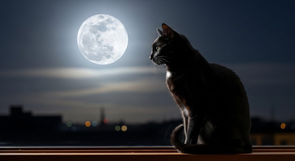 Laptop Wallpaper HD 1080p Aesthetic Dark Cat 3 Shadowy black cat on a windowsill under moonlight, 1080p laptop wallpaper aesthetic.